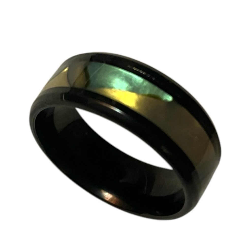 NWT Black Stainless Steel Mens Ring size 9 Center Stripe Iridescent